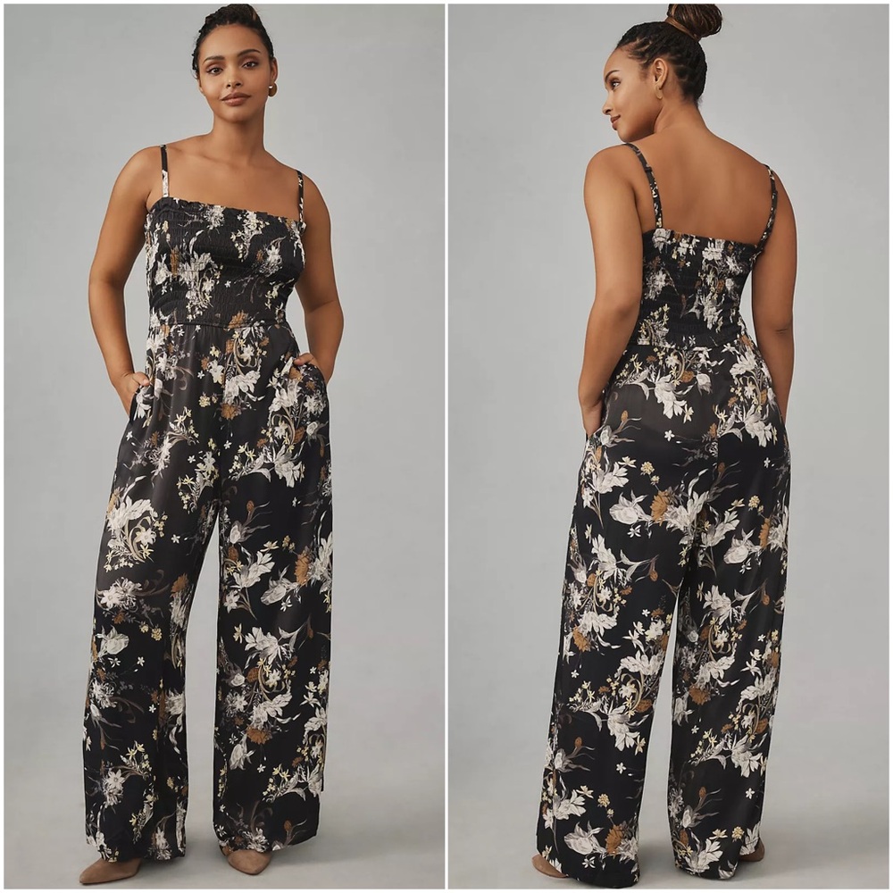 Anthropologie Pilcro Smocked Printed Jumpsuit in Black Motif